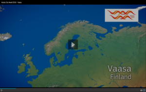 Schermata tratta dal video di presentazione della città al concorso, con l'immagine geografica della penisola scandinava e l'ubicazione della città di Vaasa.