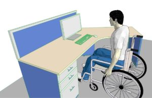 disegno con una postazione di lavoro con scrivania, cassettiera e pannello divisorio frontale che mostra una persona su sedia a ruote al lavoro
